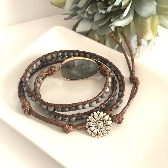 Gray Bohemian Stone Bead Wrap Bracelet NWT - Picture 3 of 5